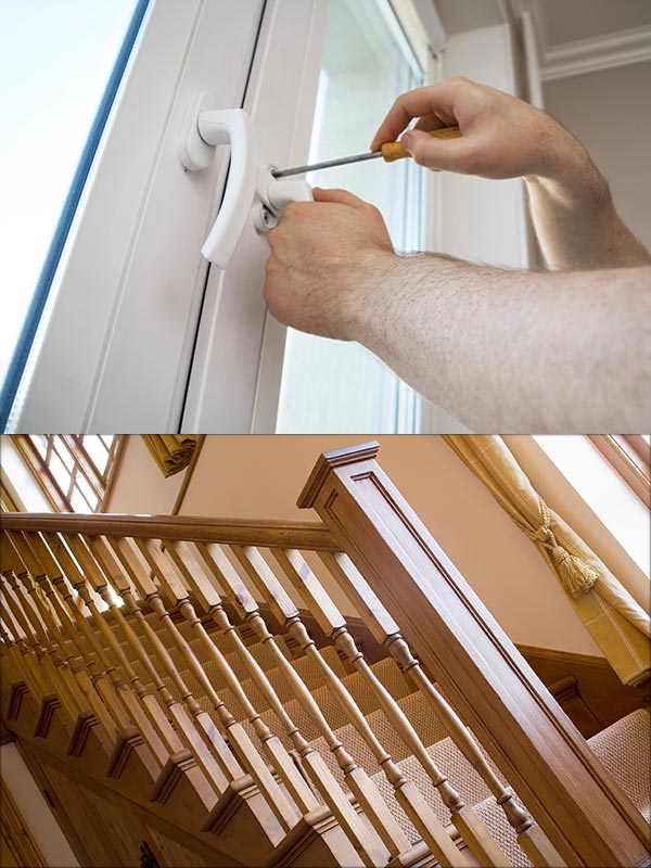 split image of double glazing repair and bespoke built staircase